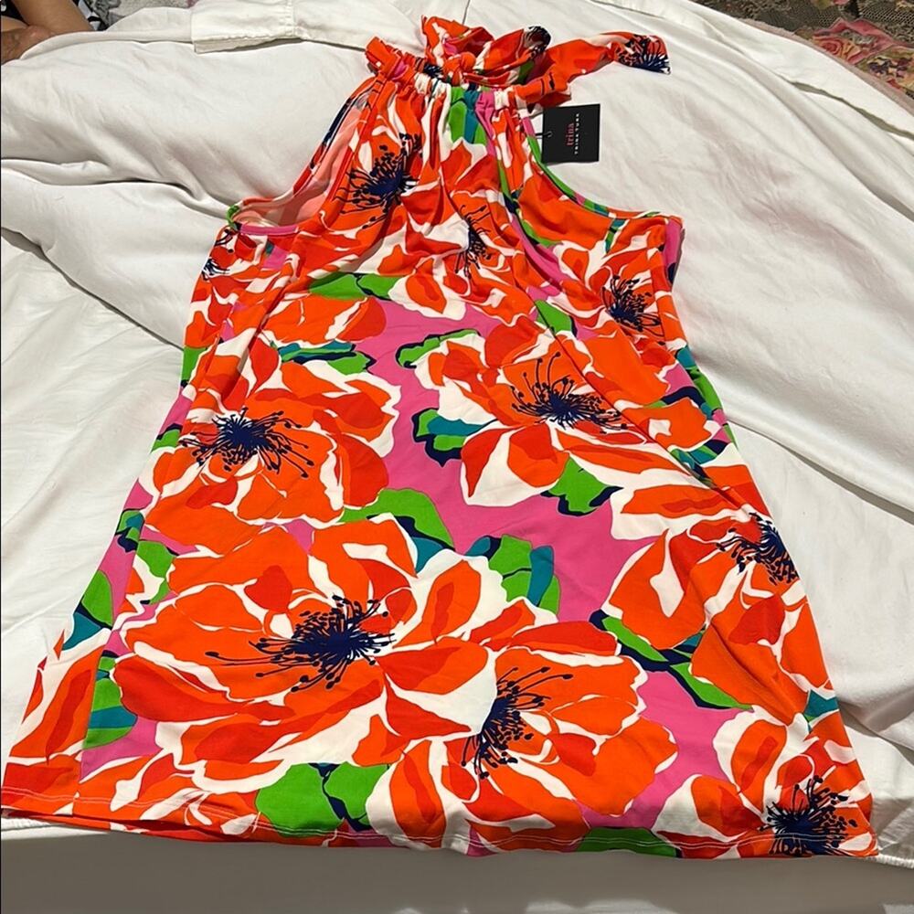 Trina Turk L Vibrant Floral Halter Dress stretchy bold print midi length NWT